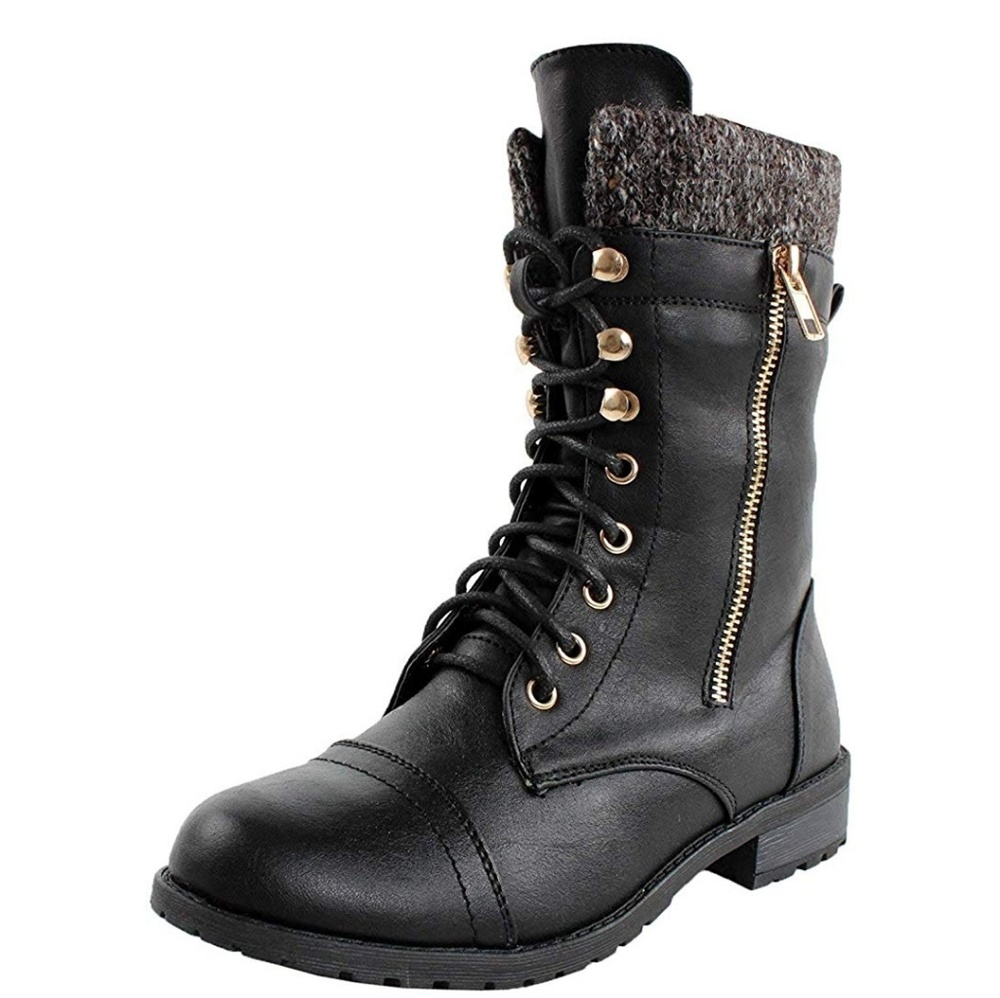 Military Lace Up Knit Ankle Cuff Boots